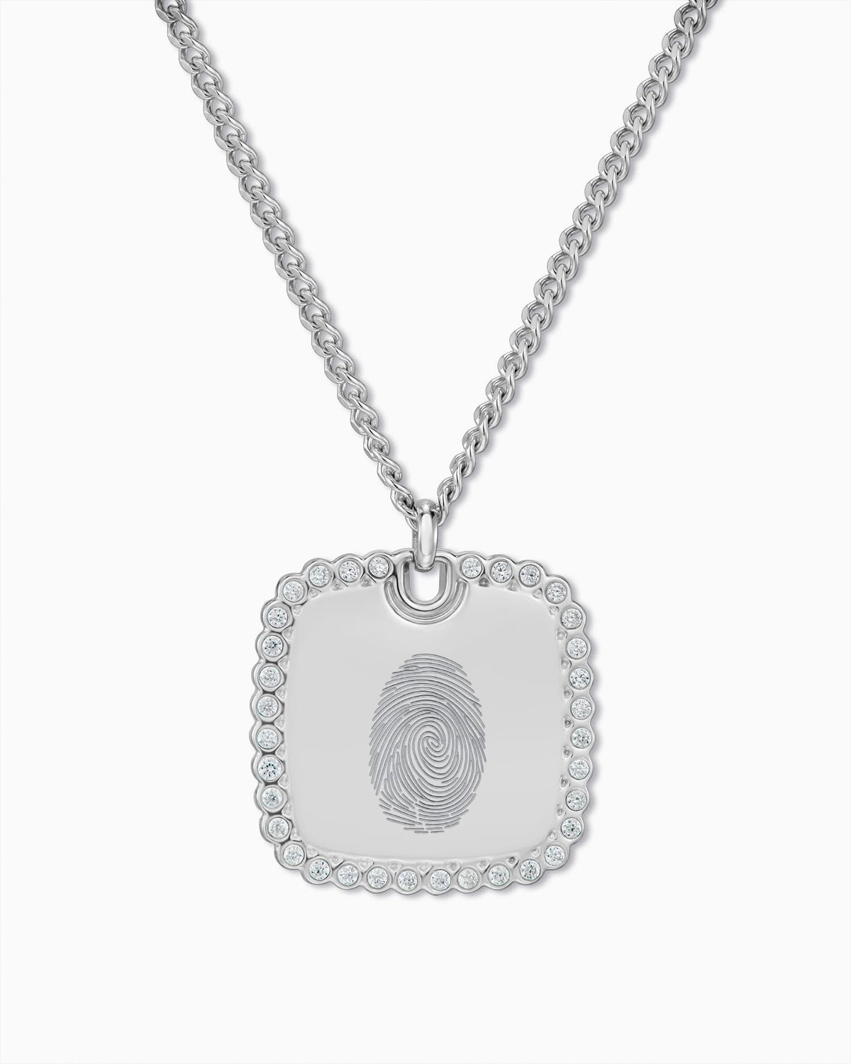 Ketting met gravureplaatje in de vorm van een vingerafdruk, rechthoekig, met zirkonia