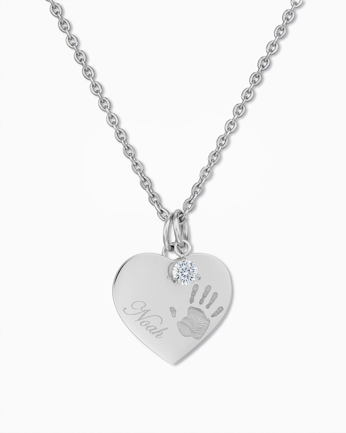 Handprint Heart Necklace Engraved Plate Pendant Zirconia Charm