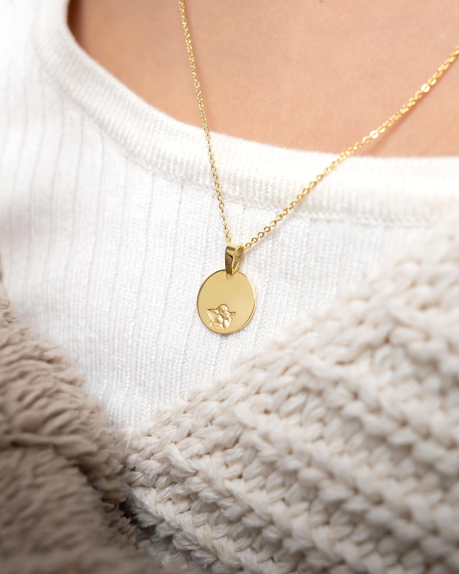 Engraved plate pendant necklace guardian angel 12mm