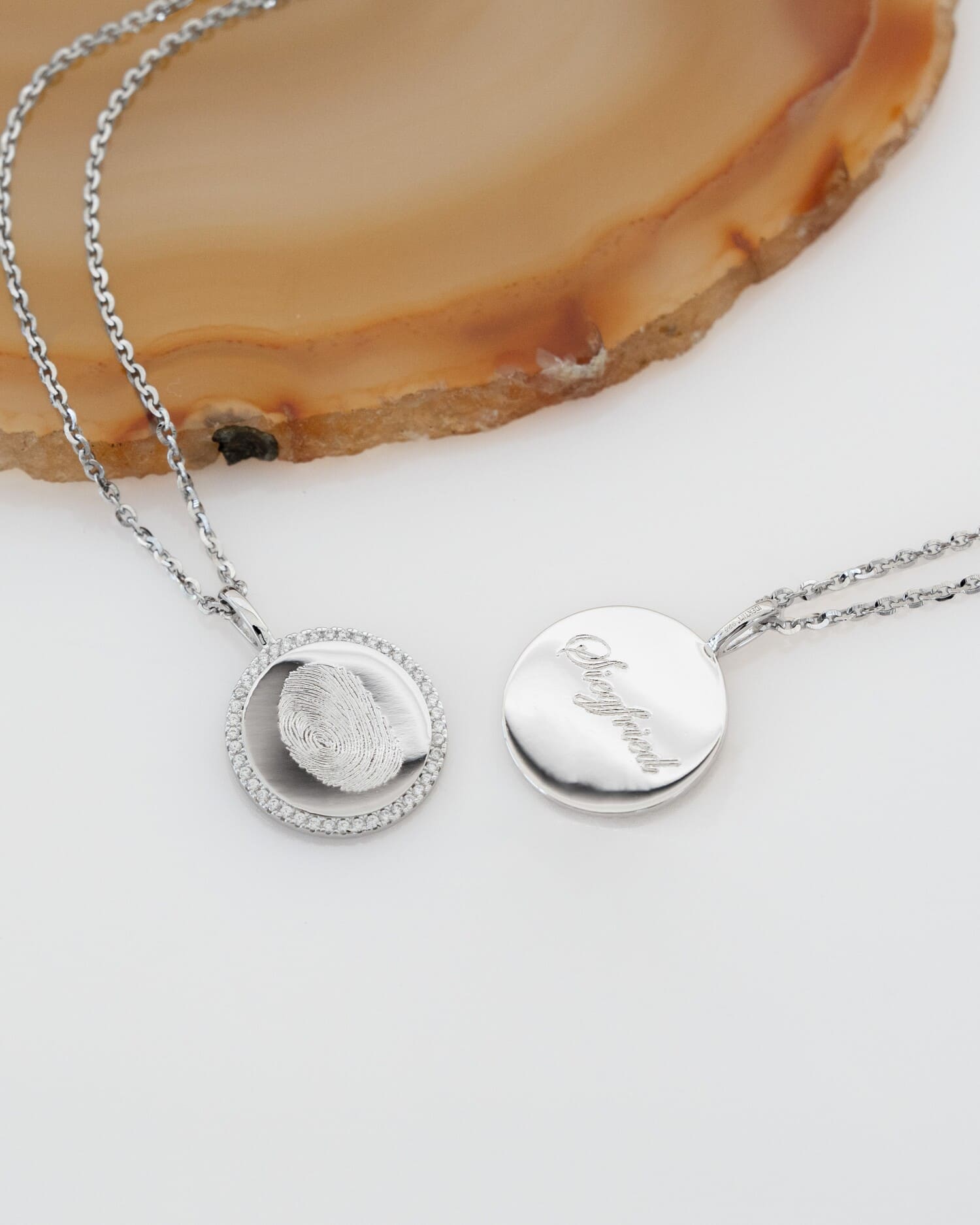 Fingerprint Engraved Plate Necklace Pendant Round Cubic Zirconia 16mm