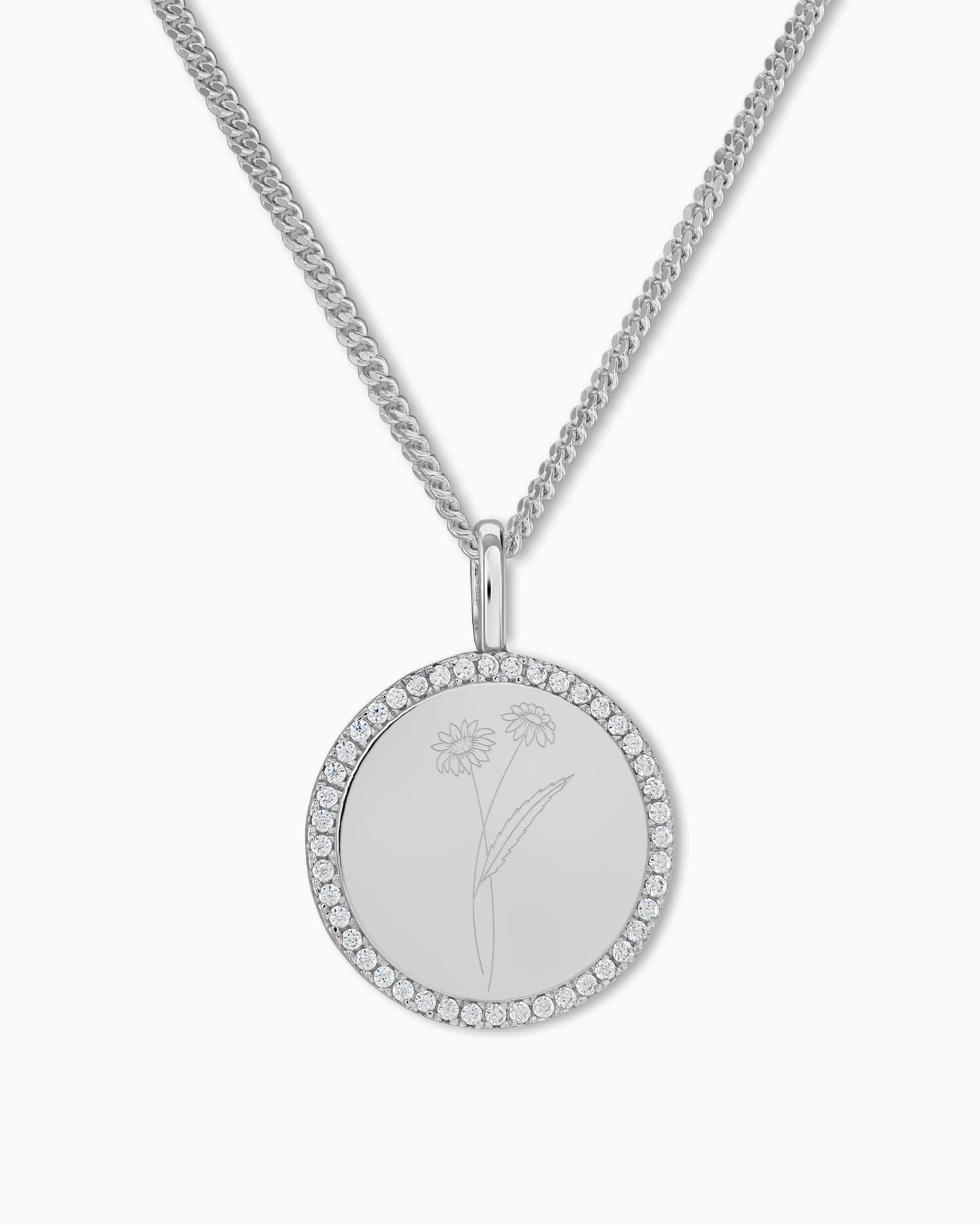 Birth flower engraving plates necklace pendant round zirconia 16mm