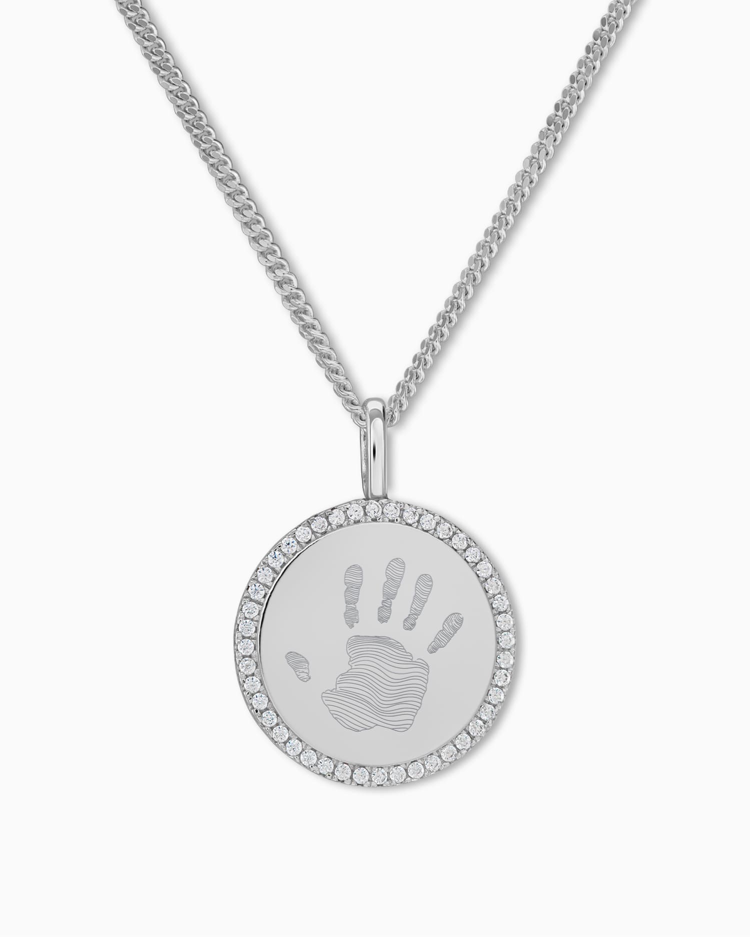 Handprint engraving plates necklace pendant round zirconia 16mm