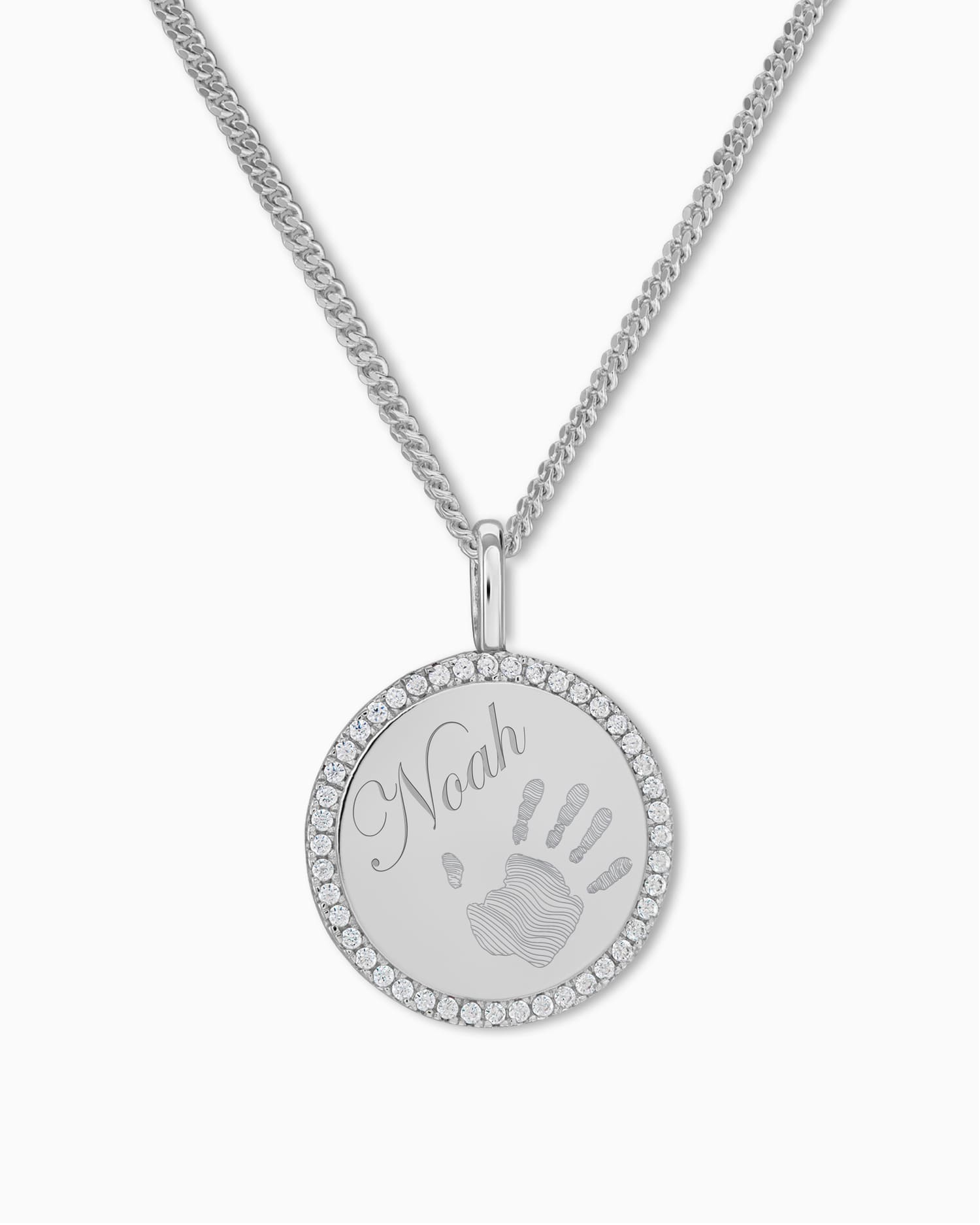 Handprint engraving plates necklace pendant round zirconia 16mm
