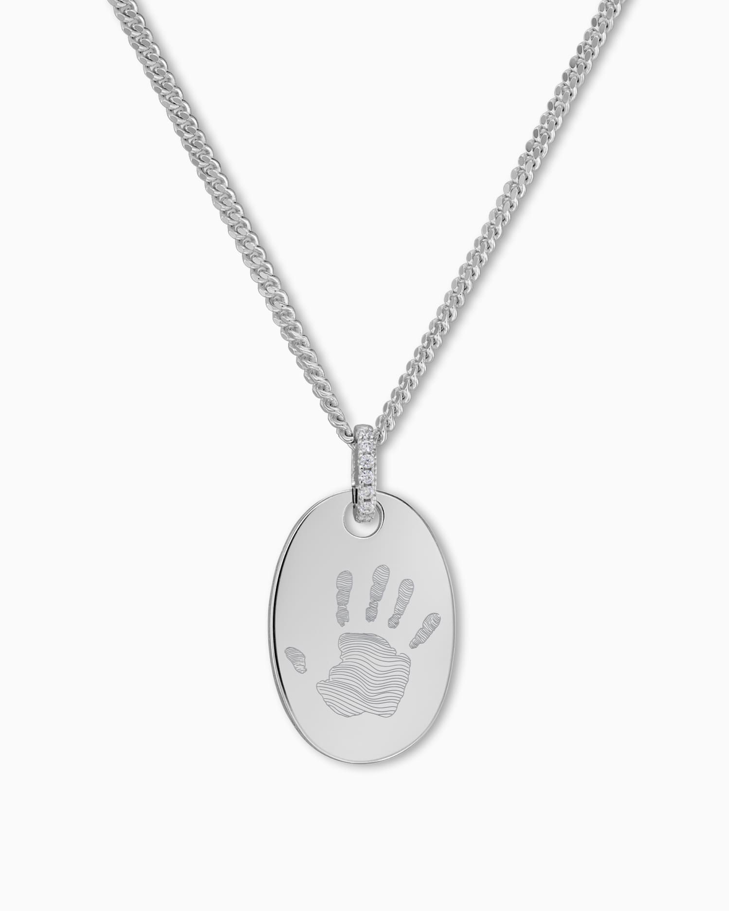 Handprint engraving plates necklace pendant zirconia oval