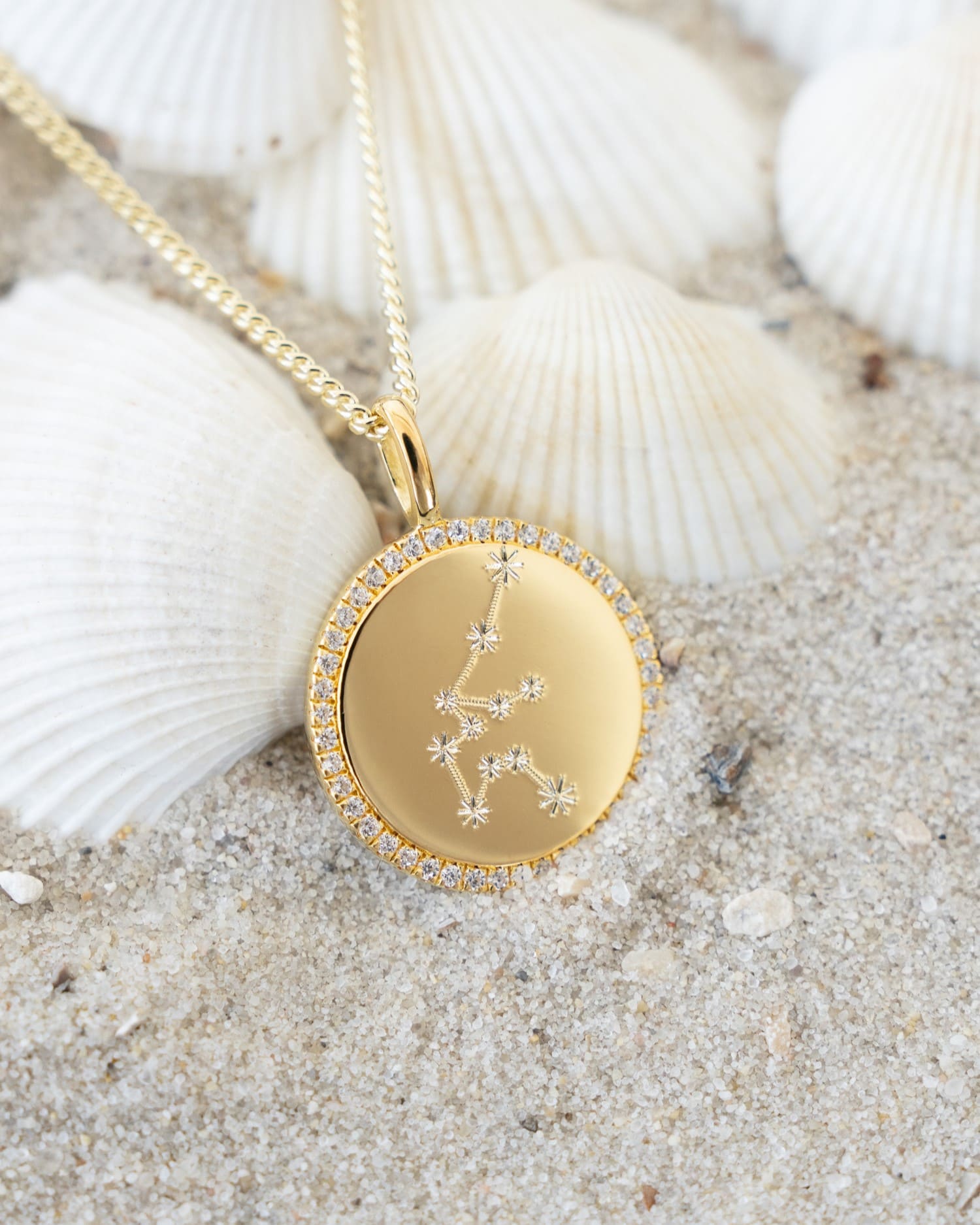 Zodiac sign engraving plates necklace pendant round zirconia 16mm