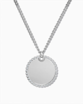 Engraved Plate Necklace, Round Zirconia, 18 mm