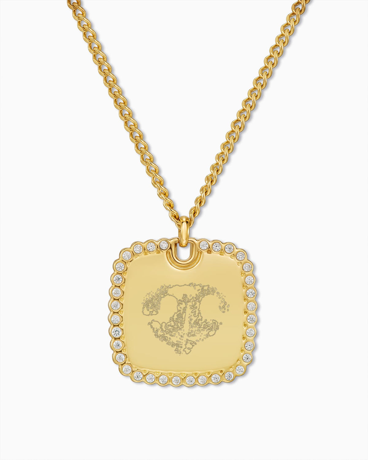 Ketting met gravureplaatje in de vorm van een neusafdruk, rechthoekig, met zirkonia
