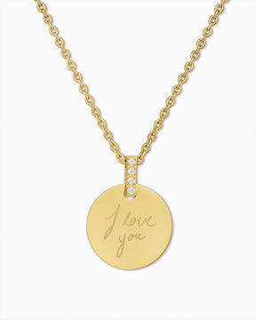 Handwritten Upload Engraved Plate Necklace, Round Zirconia, 15 mm