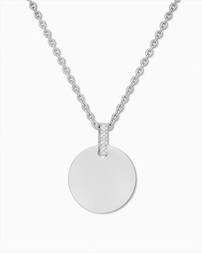 Engraved Plate Necklace, Round Zirconia, 15 mm