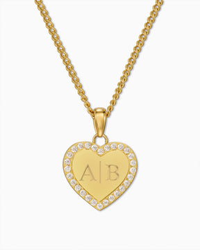 Initials Heart Necklace Engraved Plate Pendant with Zirconia