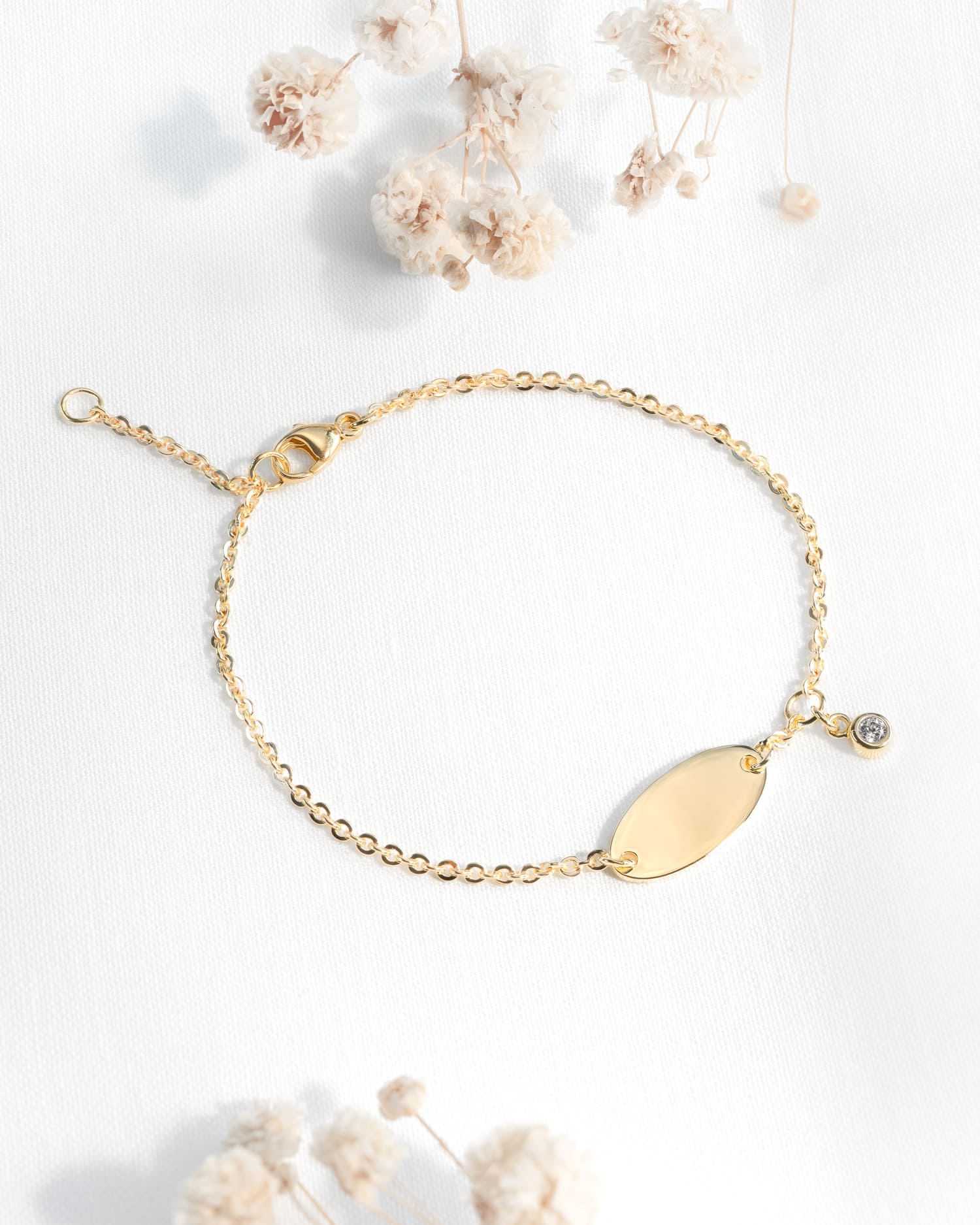 Geburtsblume Gravurarmband Gravurplatte Oval Zirkonia