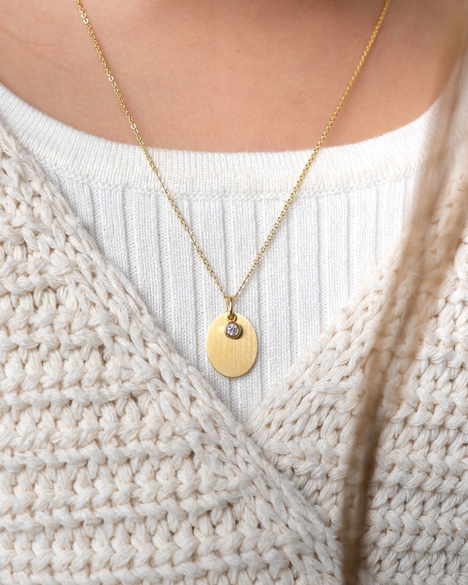 Engraved Plate Necklace Pendant Oval Zirconia