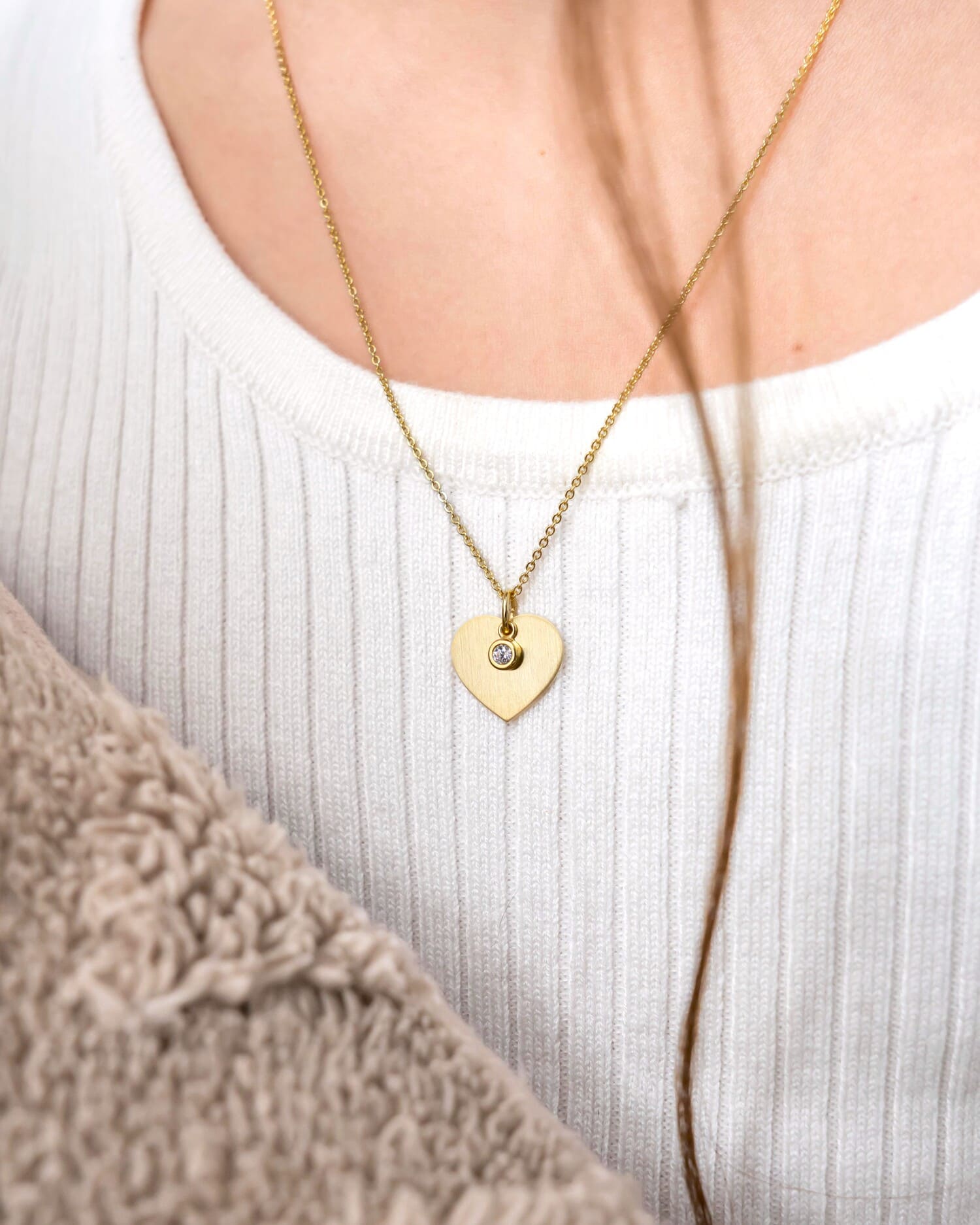 Heart Necklace Engraved Plate Pendant Zirconia