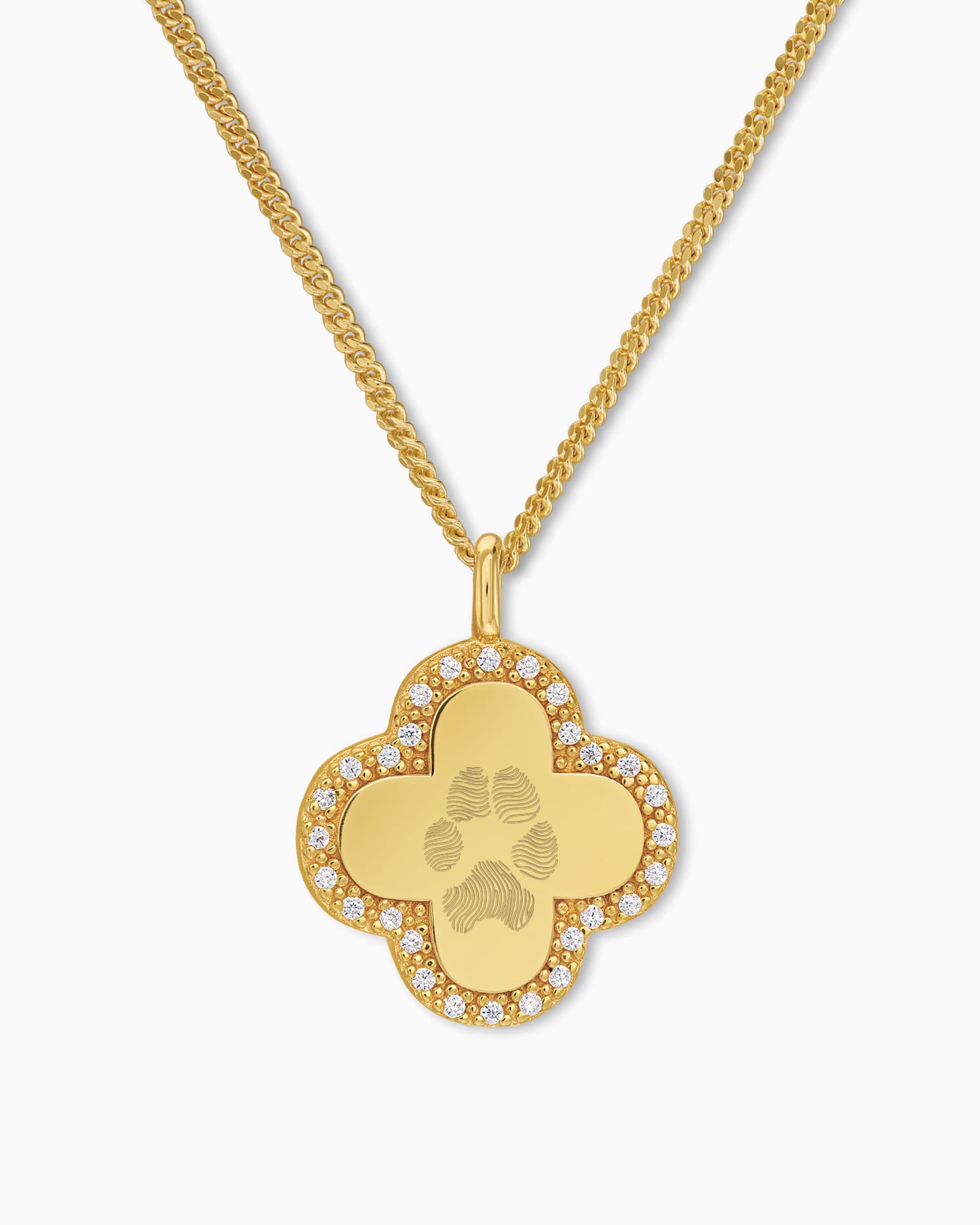 Pfotenabdruck Kleeblatt Halskette Gravurplatte Zirkonia - Gravurschmuck.de