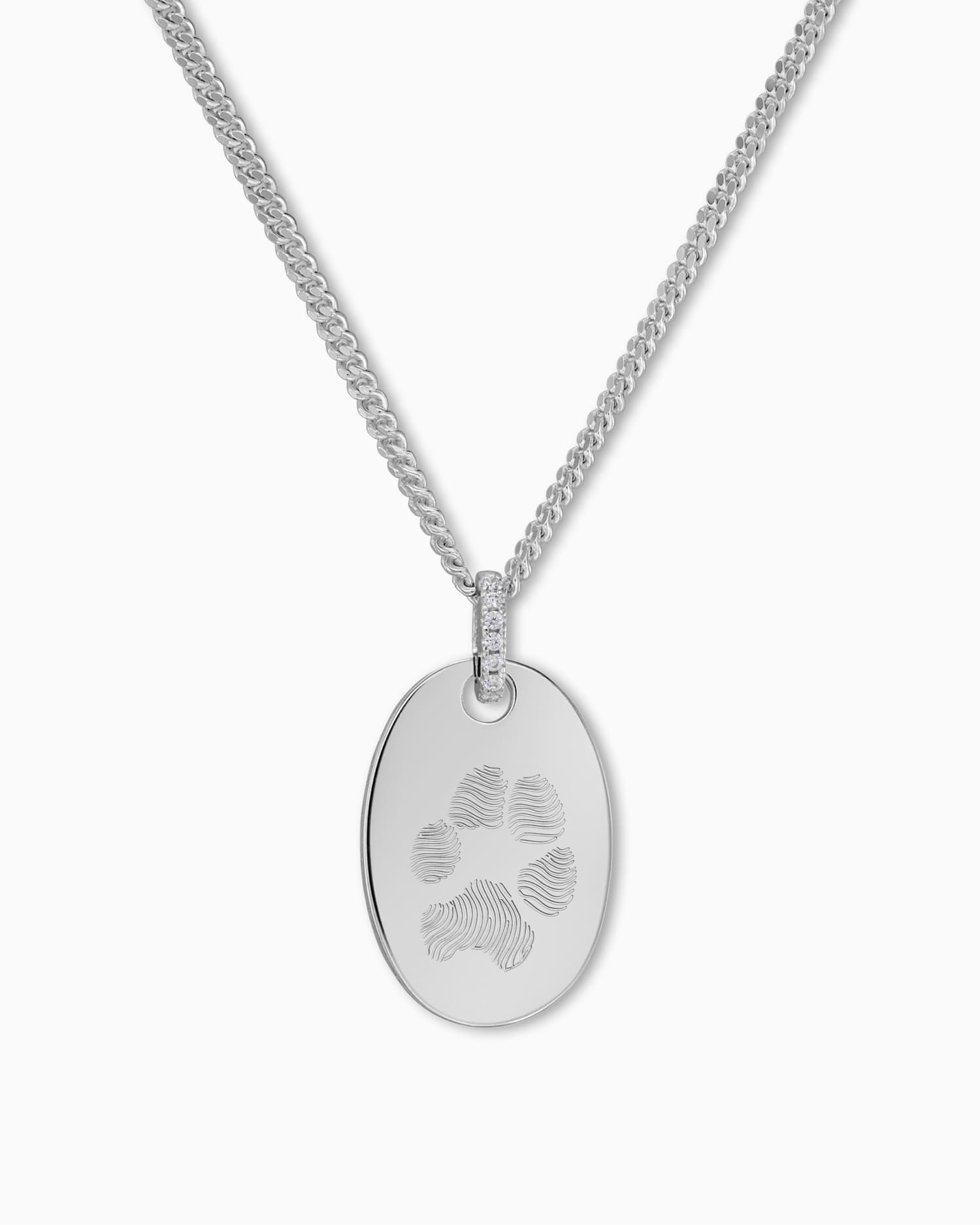 Pfotenabdruck Gravurplatten Halskette Anhänger Zirkonia Oval - Gravurschmuck.de
