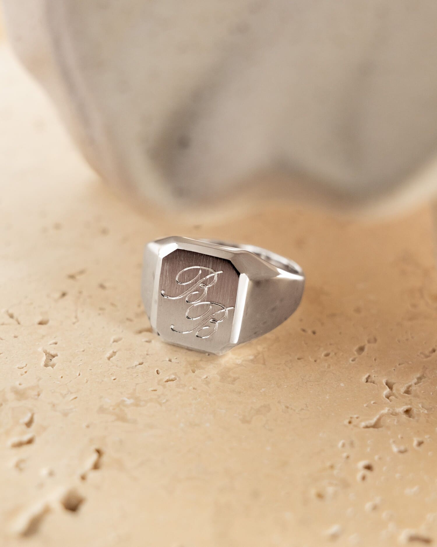 Brushed octagonal signet ring, 925 sterling silver, rhodium-plated