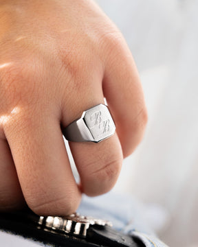 Brushed octagonal signet ring, 925 sterling silver, rhodium-plated