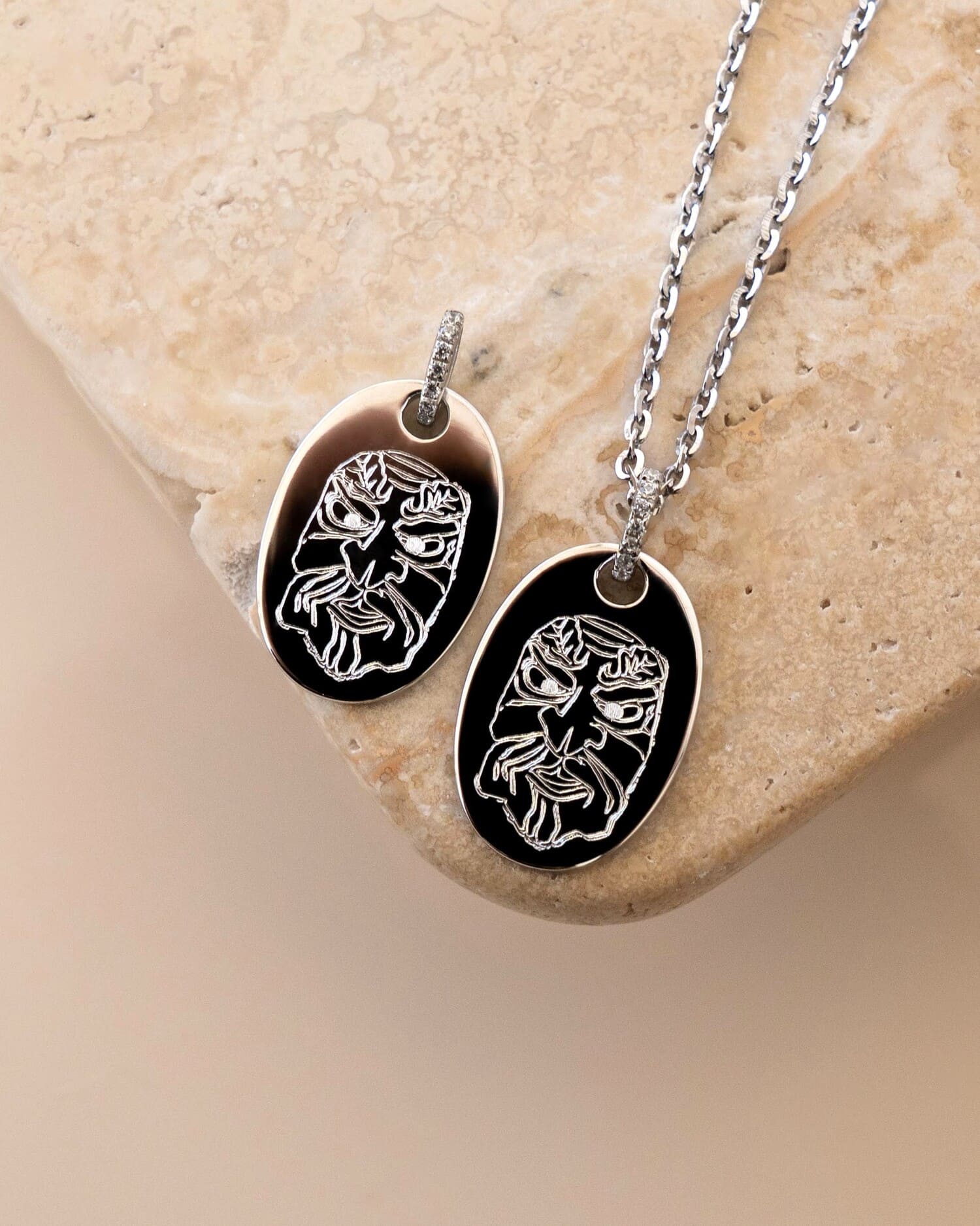 Engraved Plate Necklace Pendant Zirconia Oval