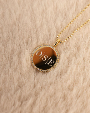 Initial Engraved Plate Necklace Pendant Round Cubic Zirconia 16mm
