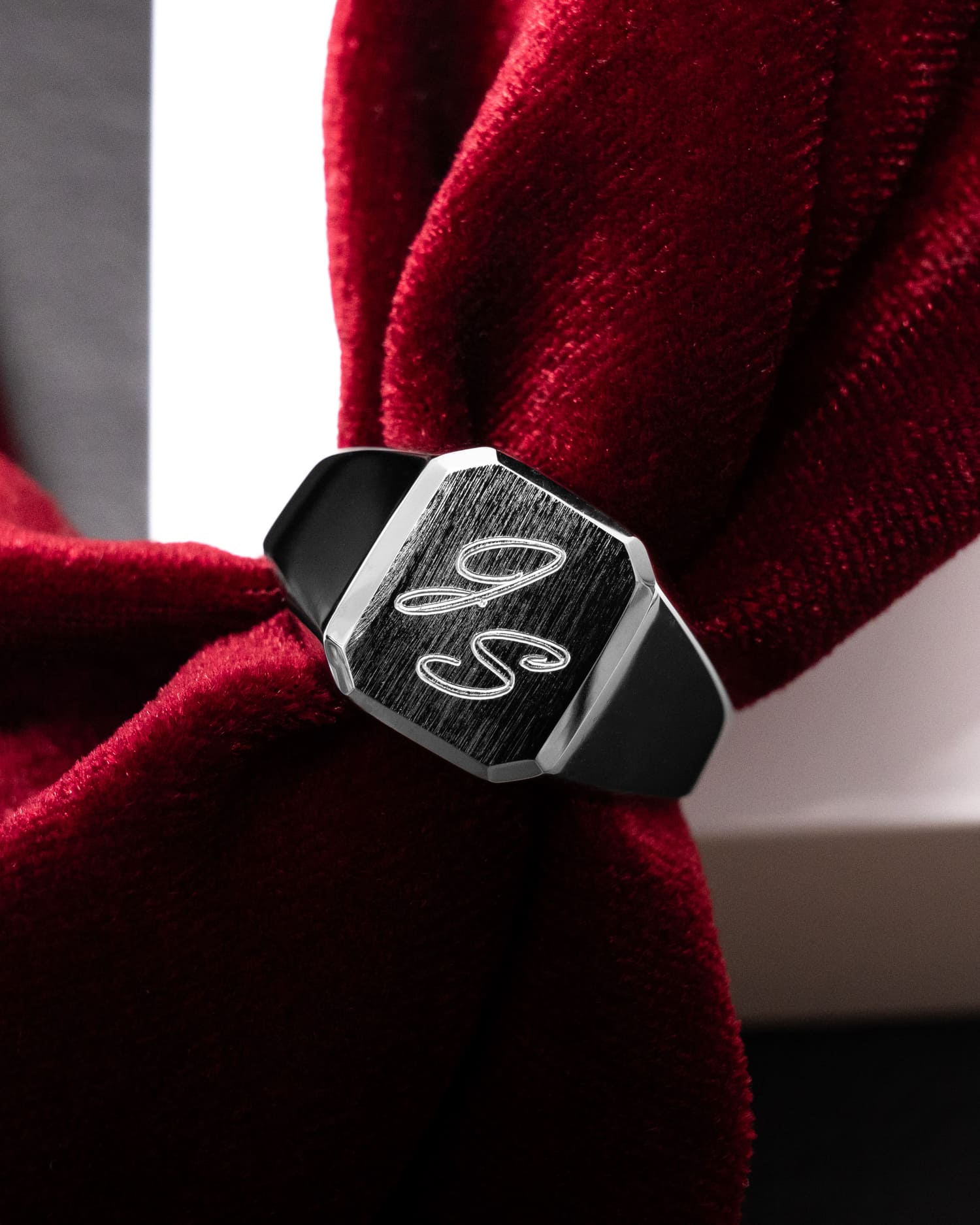 Brushed octagonal signet ring, 925 sterling silver, rhodium-plated