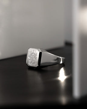 Brushed octagonal signet ring, 925 sterling silver, rhodium-plated