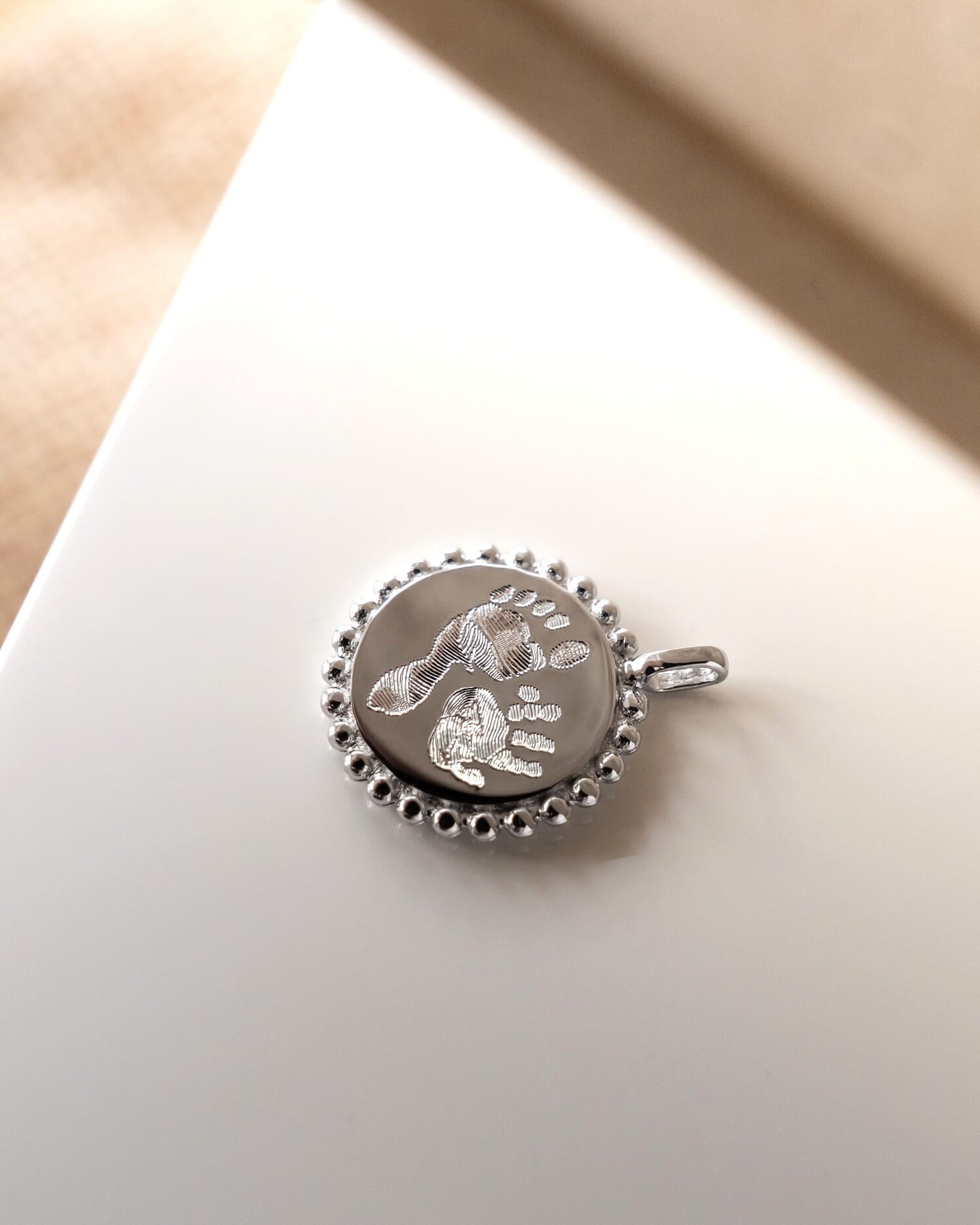 Handprint Engraved Plate Necklace Pendant Round 14mm