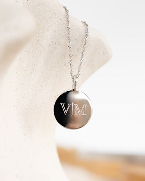 Initial Engraved Plate Necklace Pendant Round Cubic Zirconia 16mm