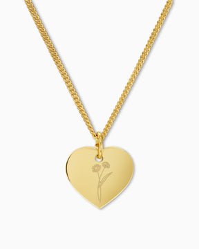 Birth flower heart necklace engraving plate pendant 13mm