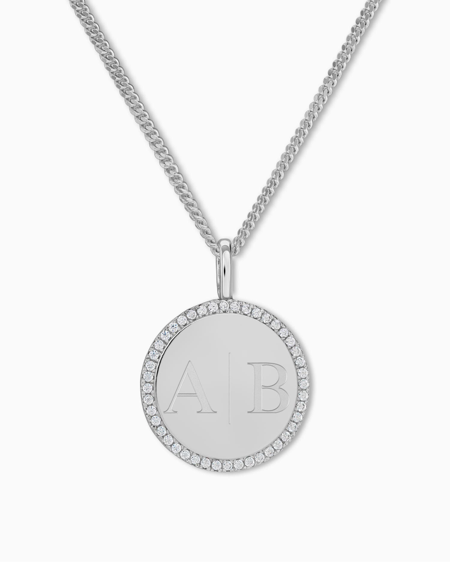 Initials engraving plates necklace pendant round zirconia 16mm