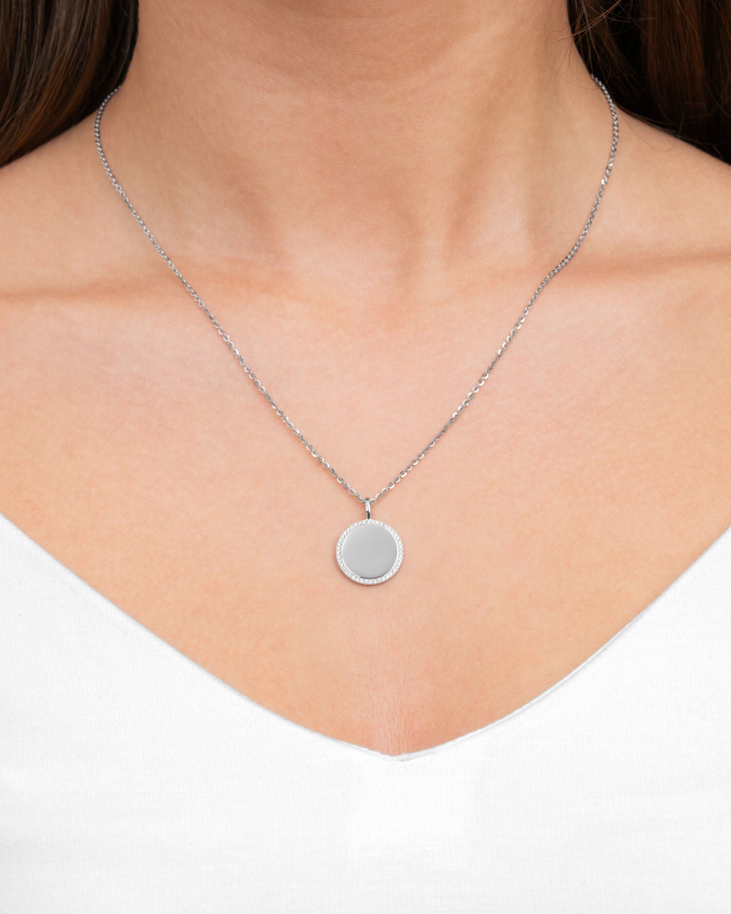Coordinates engraving plates necklace pendant round zirconia 16mm
