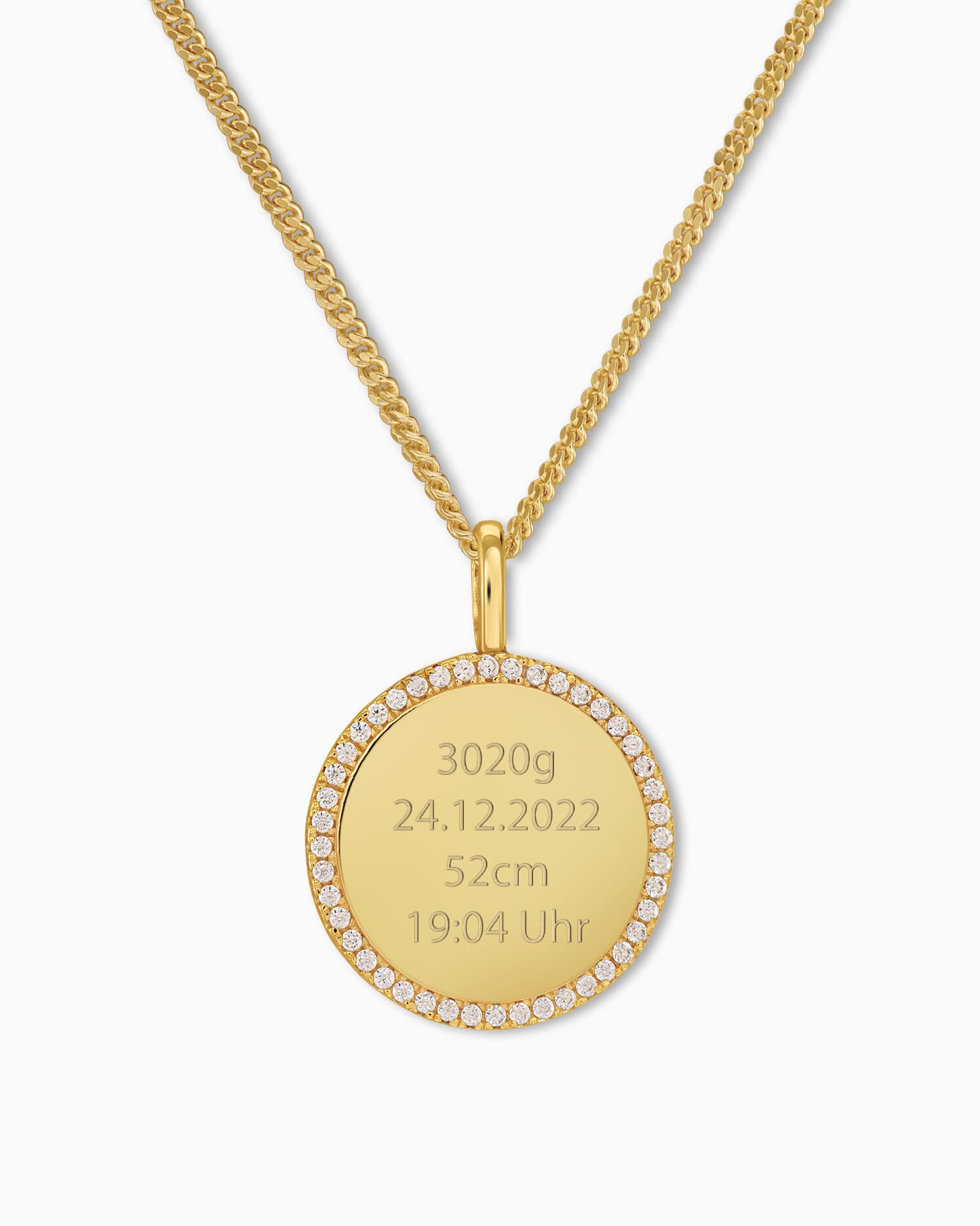 Date of birth engraving plates necklace pendant round zirconia 16mm
