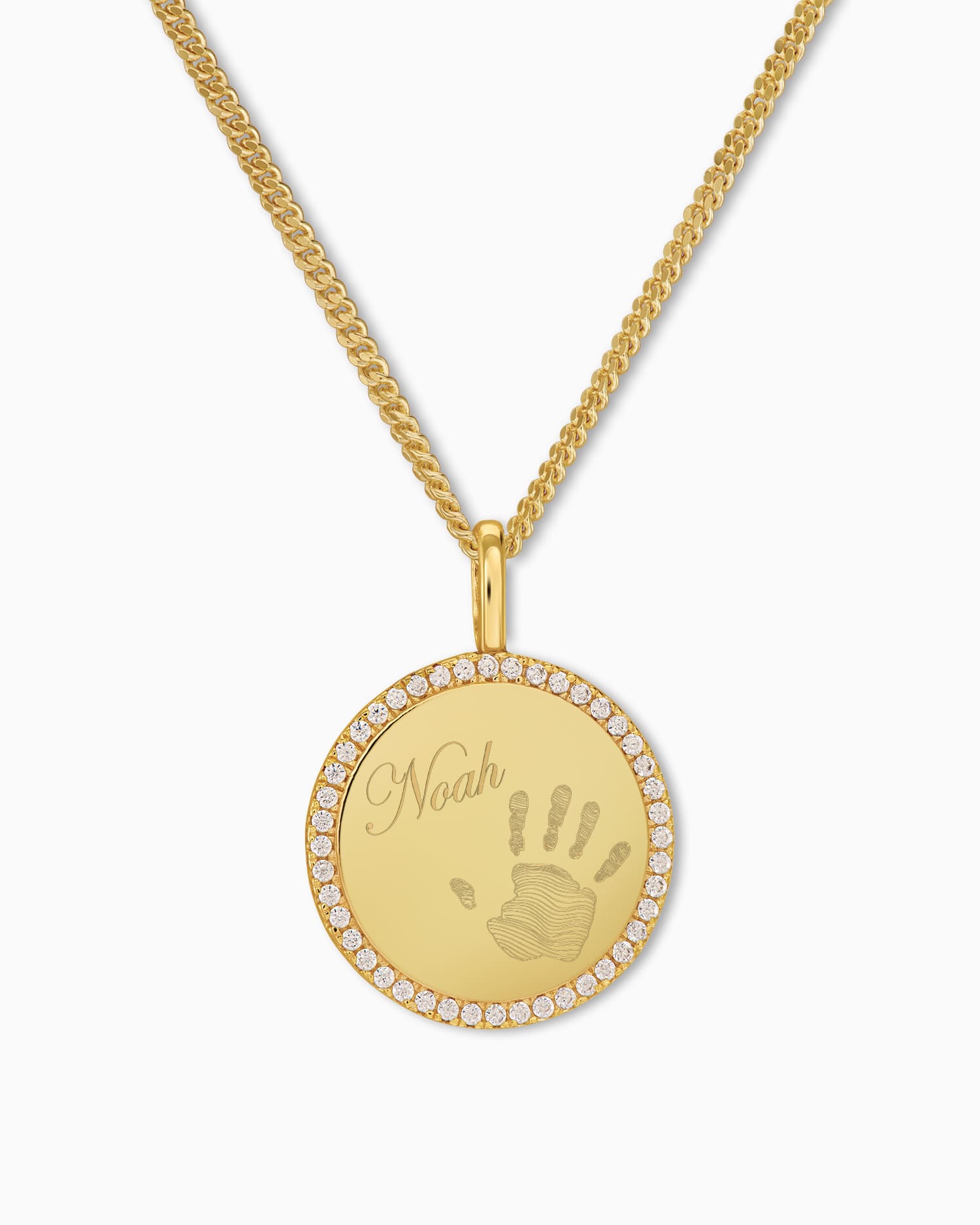 Handprint engraving plates necklace pendant round zirconia 16mm