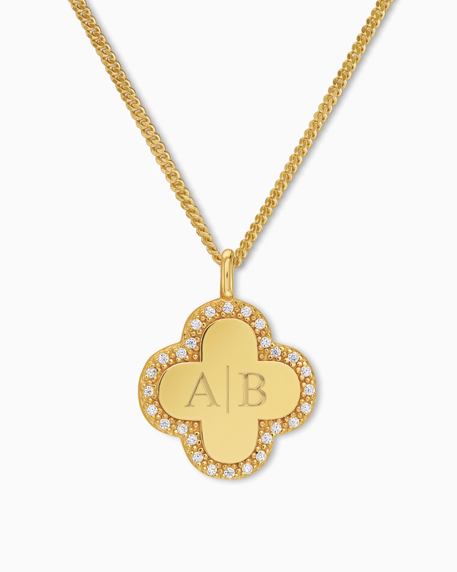 Initials cloverleaf necklace engraving plate zirconia