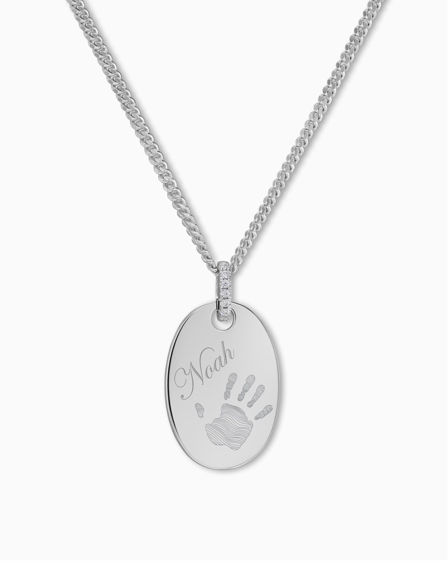 Handprint engraving plates necklace pendant zirconia oval