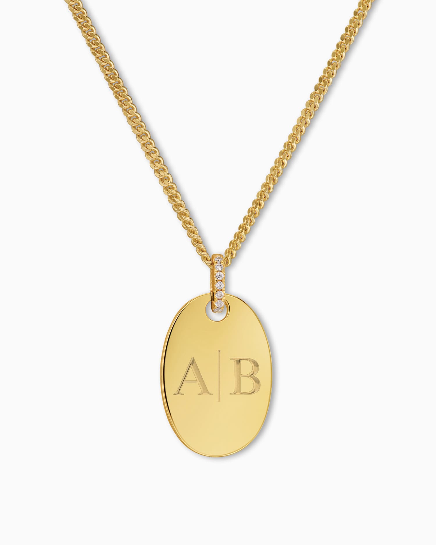 Initials engraving plates necklace pendant zirconia oval