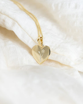 Birth flower heart necklace engraving plate pendant 12mm
