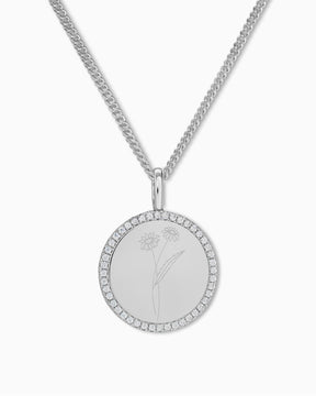 Fleur de naissance Plaques gravées Collier Pendentif Rond Zirconia 16mm