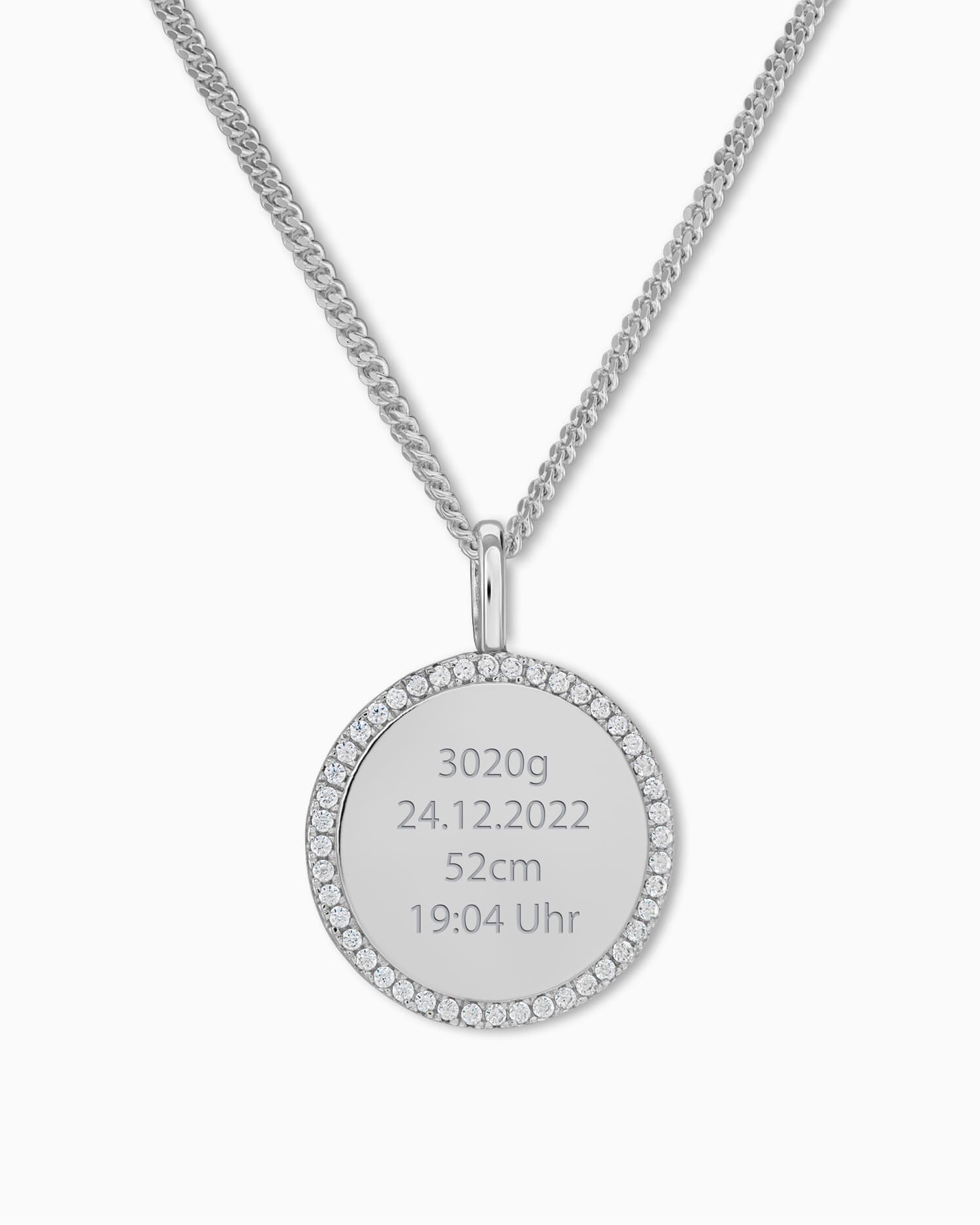 Dates de naissance Plaques à graver Collier Pendentif Rond Zirconia 16mm