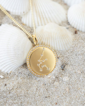 Signe du zodiaque Plaques gravées Collier Pendentif Rond Zirconia 16mm