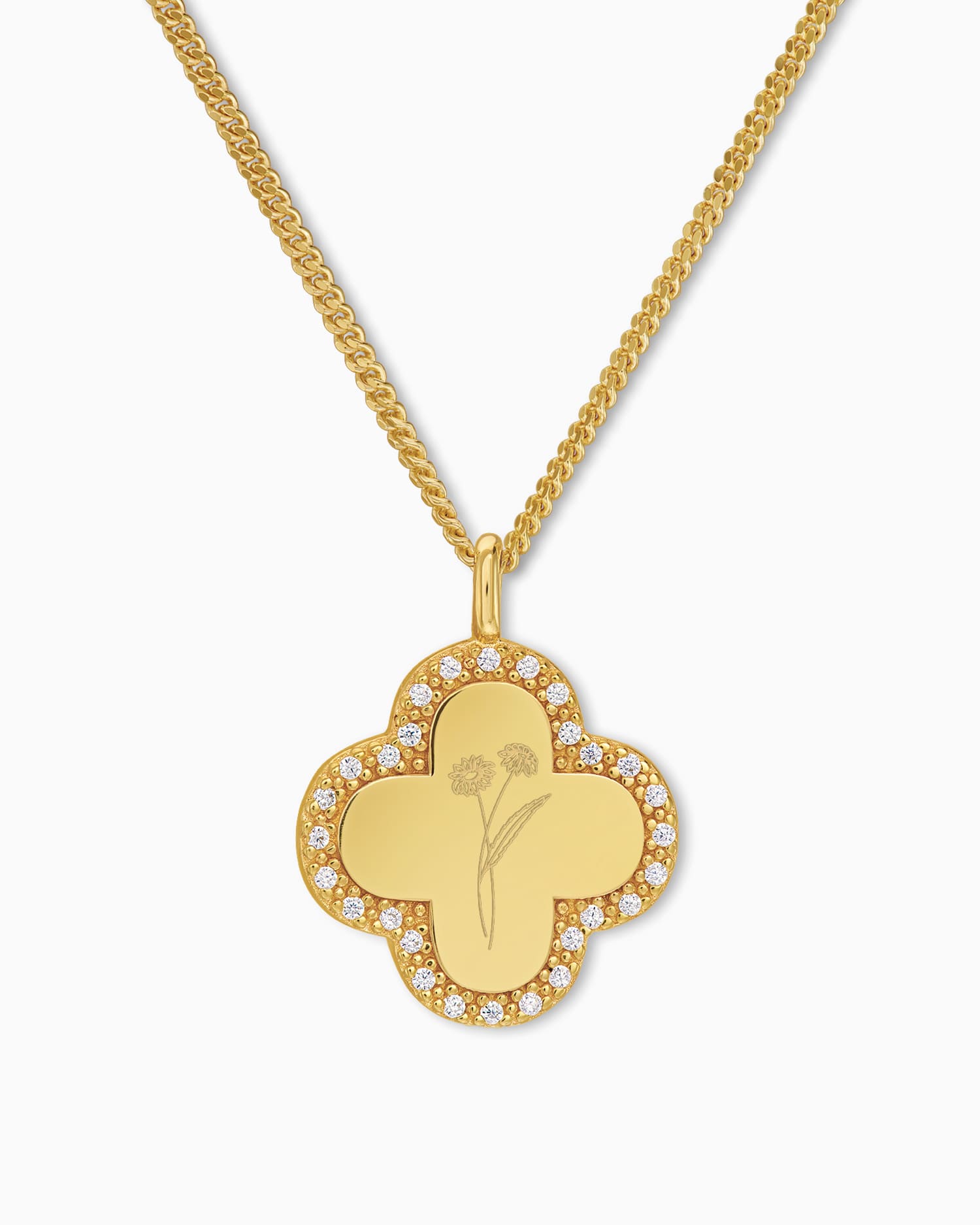 Geboorte bloem klaverblad ketting graveren plaat zirconia