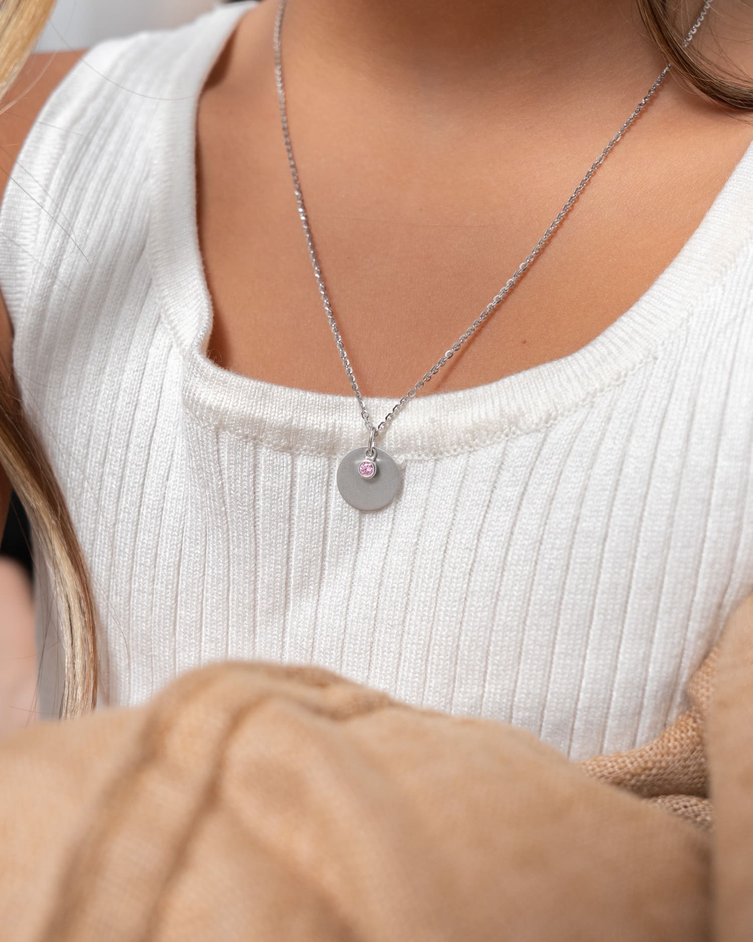 Graveerplaatjes hanger collier zirkonia roze 12mm